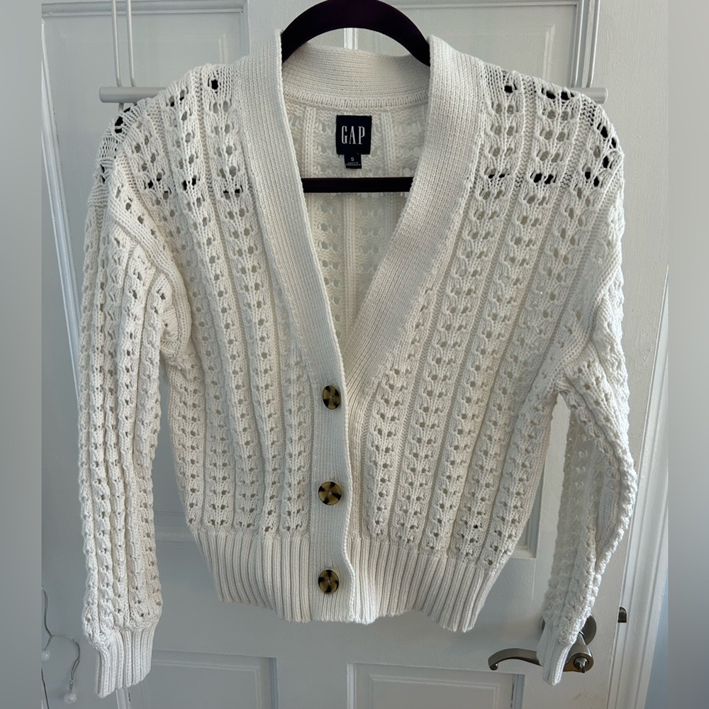 GAP Open-Knit Button Front Cardigan - White/Cream